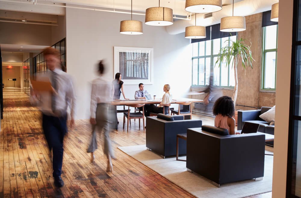 An office with wood flooring.